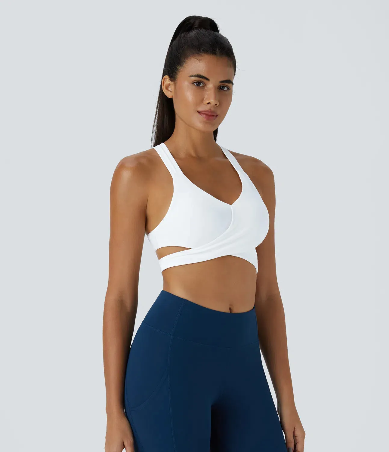 Low Support Crossover Hem Cut-Out Racerback Yoga Sports Bra – Stylish & Lightweight