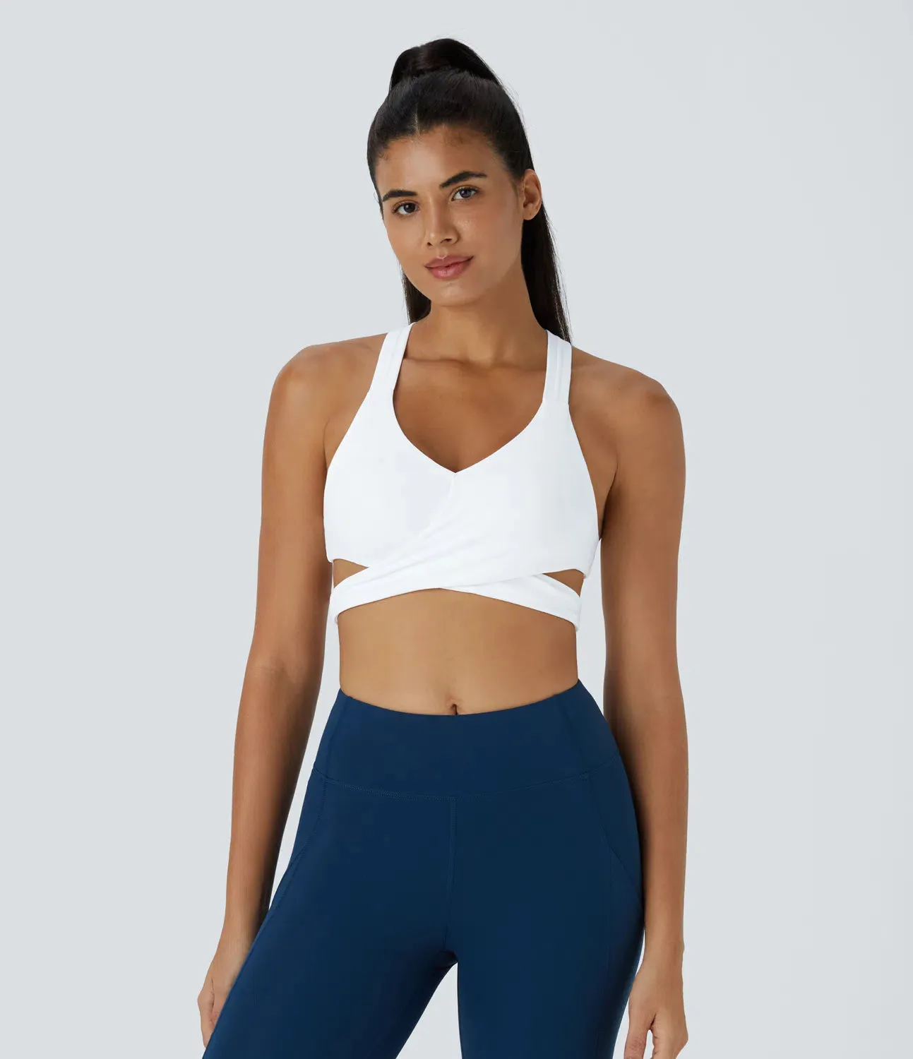 Low Support Crossover Hem Cut-Out Racerback Yoga Sports Bra – Stylish & Lightweight