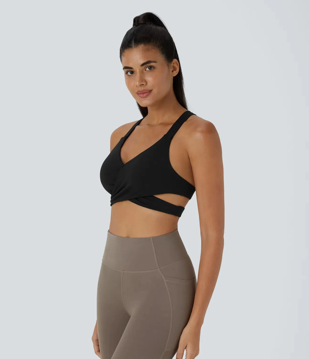 Low Support Crossover Hem Cut-Out Racerback Yoga Sports Bra – Stylish & Lightweight
