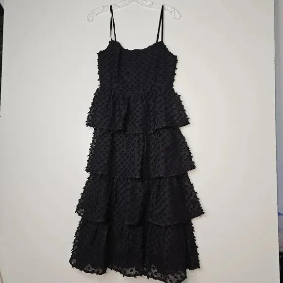 Lulu's Women's Flirting with You Black Tiered Pom Pom Midi Dress Size Small NWT
