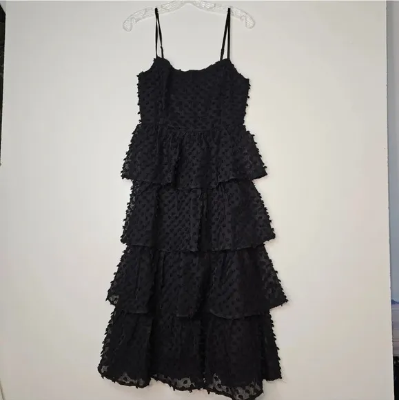 Lulu's Women's Flirting with You Black Tiered Pom Pom Midi Dress Size Small NWT