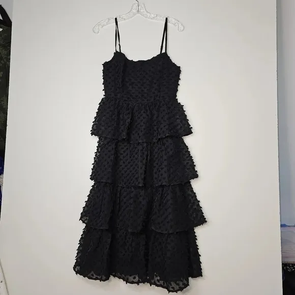 Lulu's Women's Flirting with You Black Tiered Pom Pom Midi Dress Size Small NWT