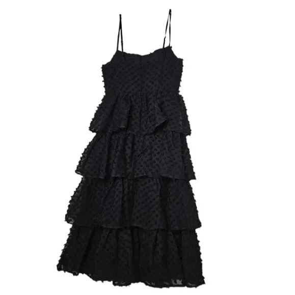 Lulu's Women's Flirting with You Black Tiered Pom Pom Midi Dress Size Small NWT
