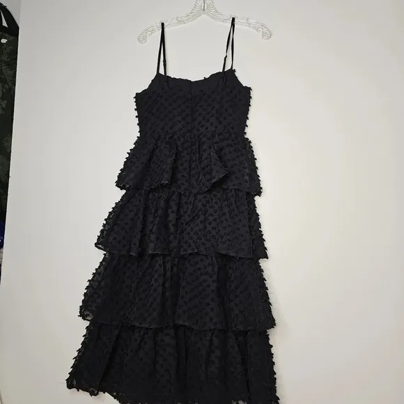 Lulu's Women's Flirting with You Black Tiered Pom Pom Midi Dress Size Small NWT