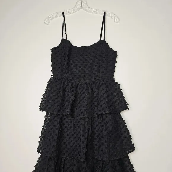 Lulu's Women's Flirting with You Black Tiered Pom Pom Midi Dress Size Small NWT