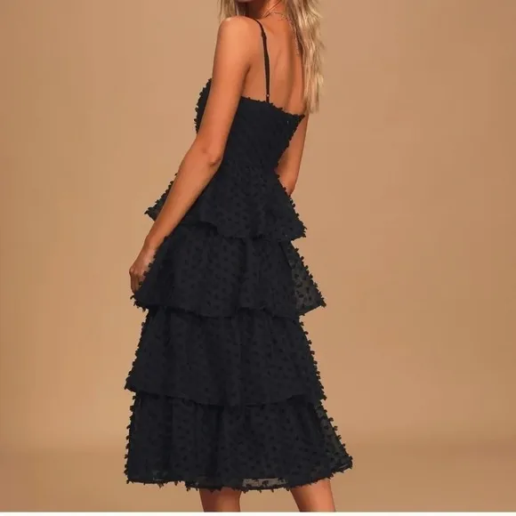 Lulu's Women's Flirting with You Black Tiered Pom Pom Midi Dress Size Small NWT
