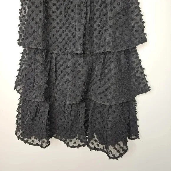 Lulu's Women's Flirting with You Black Tiered Pom Pom Midi Dress Size Small NWT