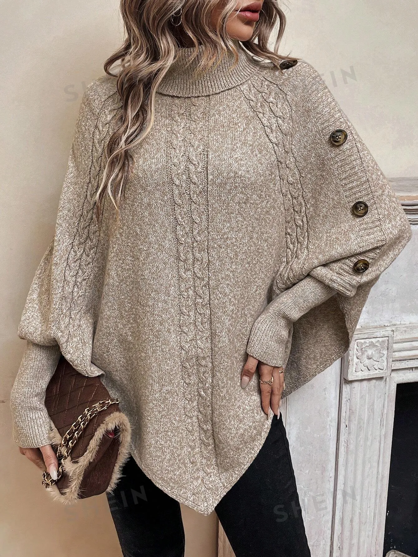 LUNE Button Detail Turtleneck Casual Women's Sweater
