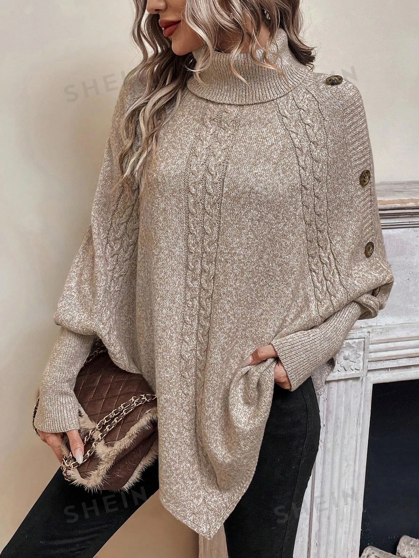 LUNE Button Detail Turtleneck Casual Women's Sweater