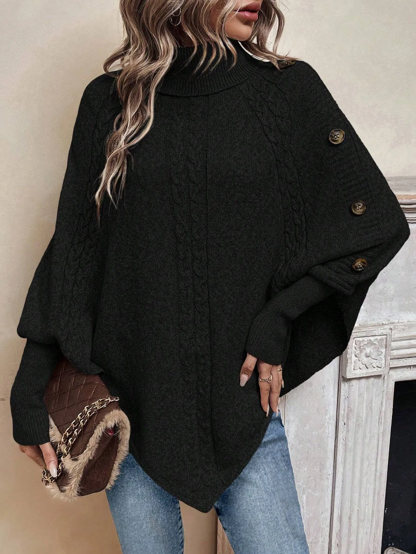 LUNE Button Detail Turtleneck Casual Women's Sweater