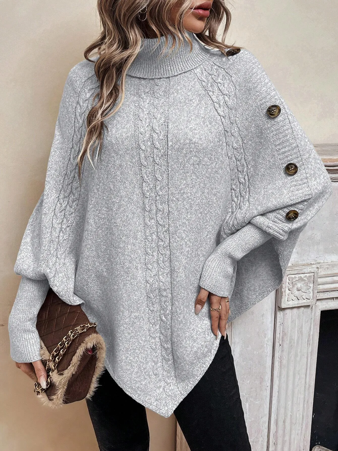 LUNE Button Detail Turtleneck Casual Women's Sweater