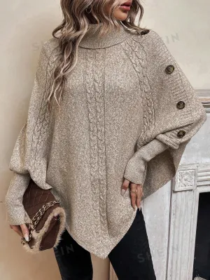 LUNE Button Detail Turtleneck Casual Women's Sweater