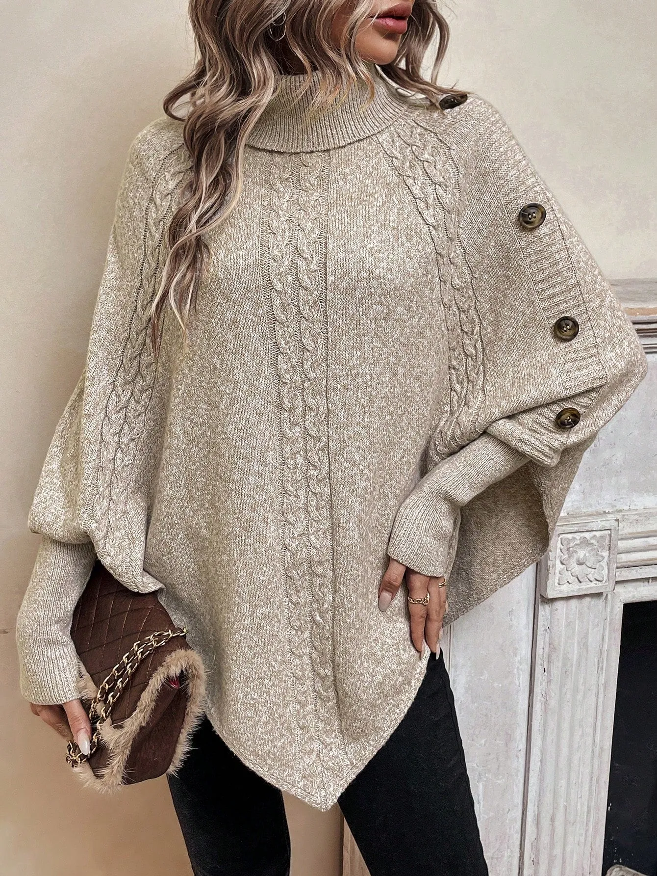 LUNE Button Detail Turtleneck Casual Women's Sweater