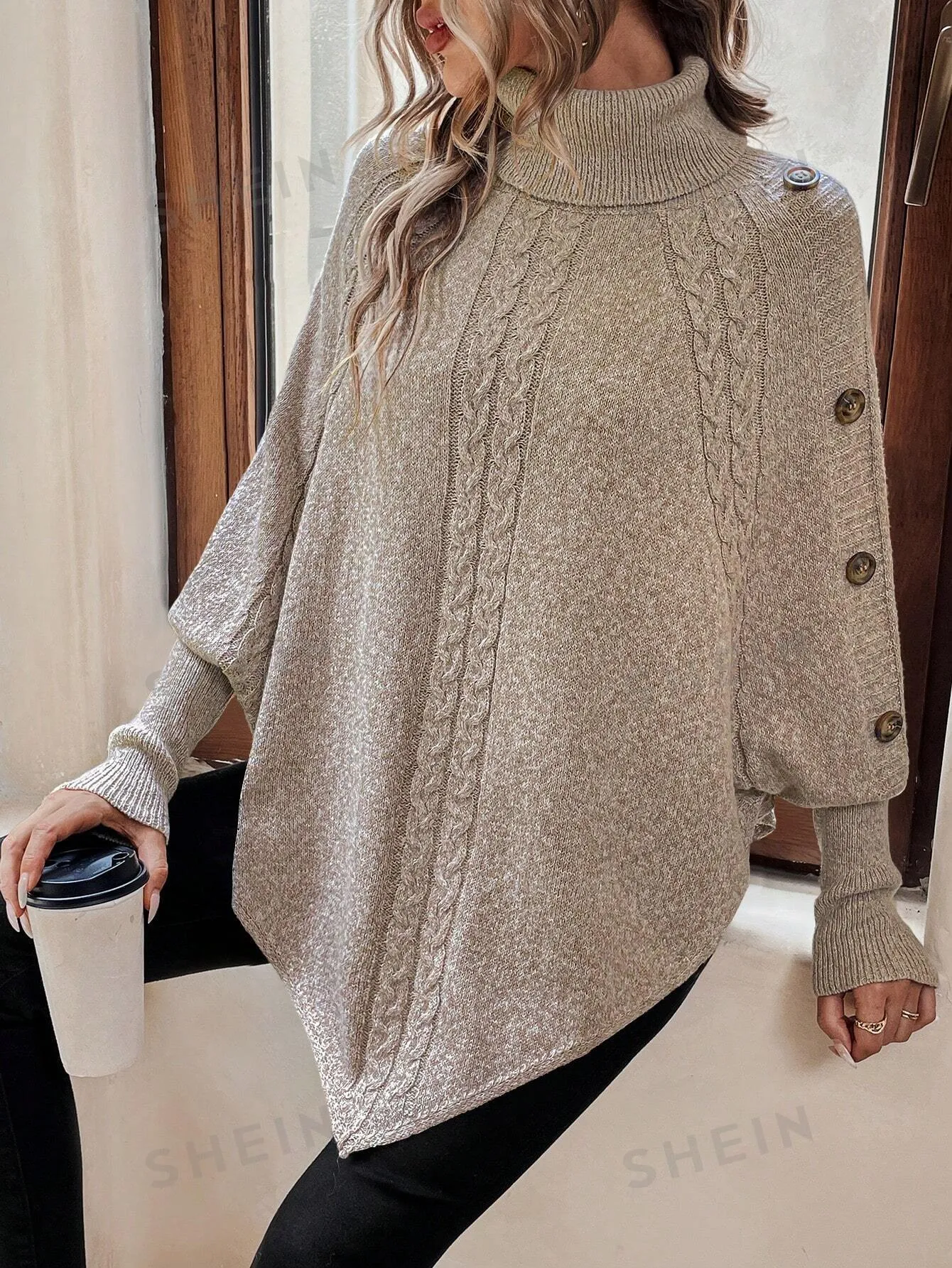 LUNE Button Detail Turtleneck Casual Women's Sweater
