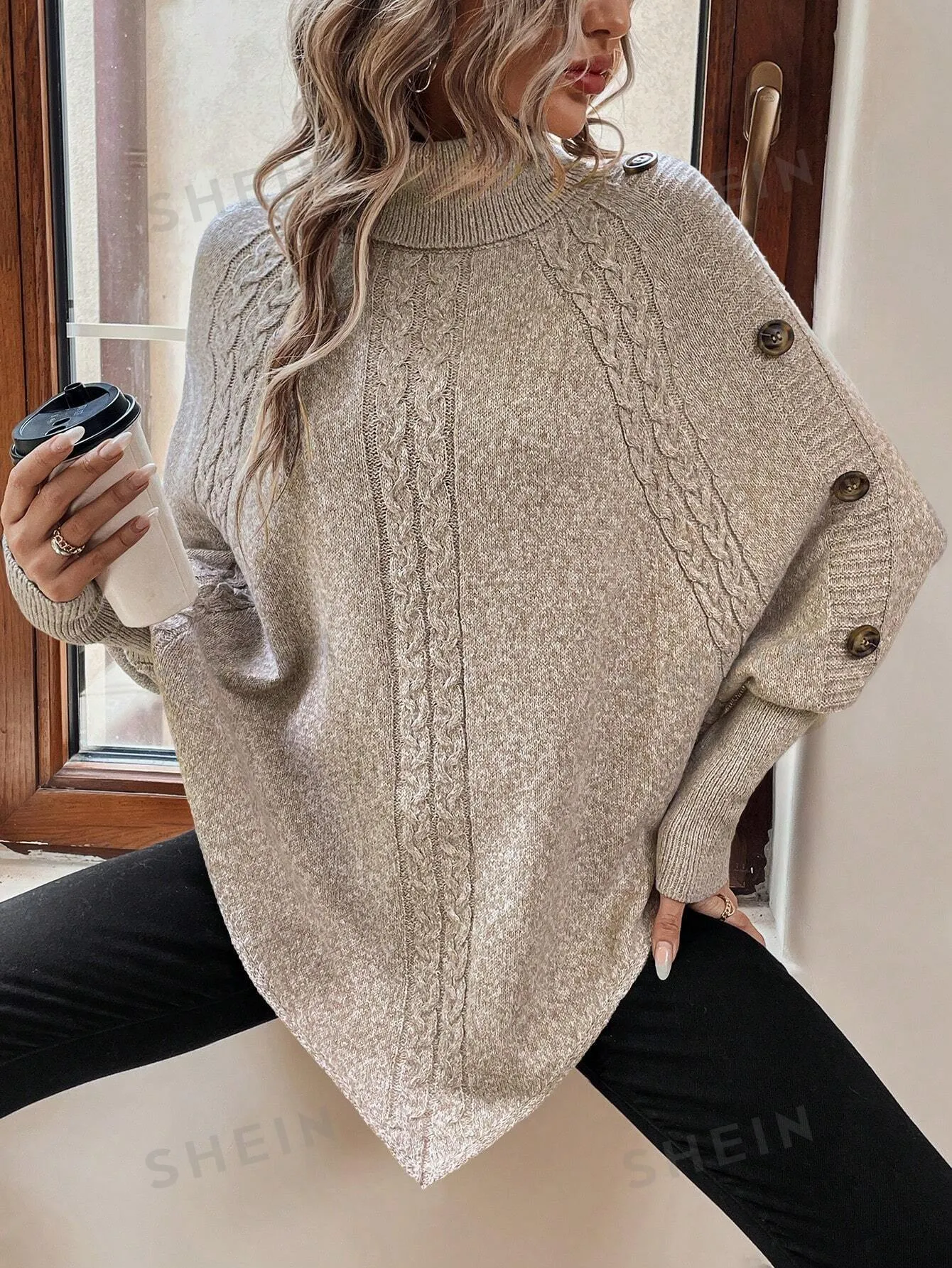 LUNE Button Detail Turtleneck Casual Women's Sweater
