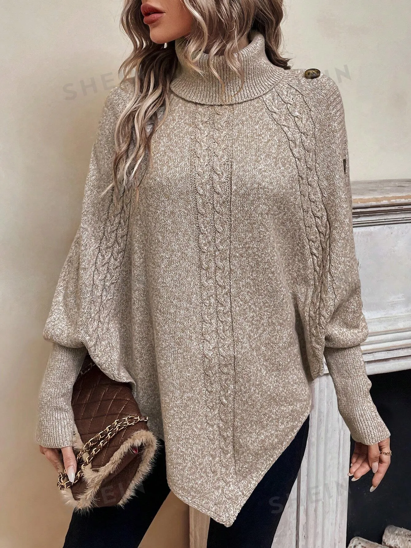 LUNE Button Detail Turtleneck Casual Women's Sweater