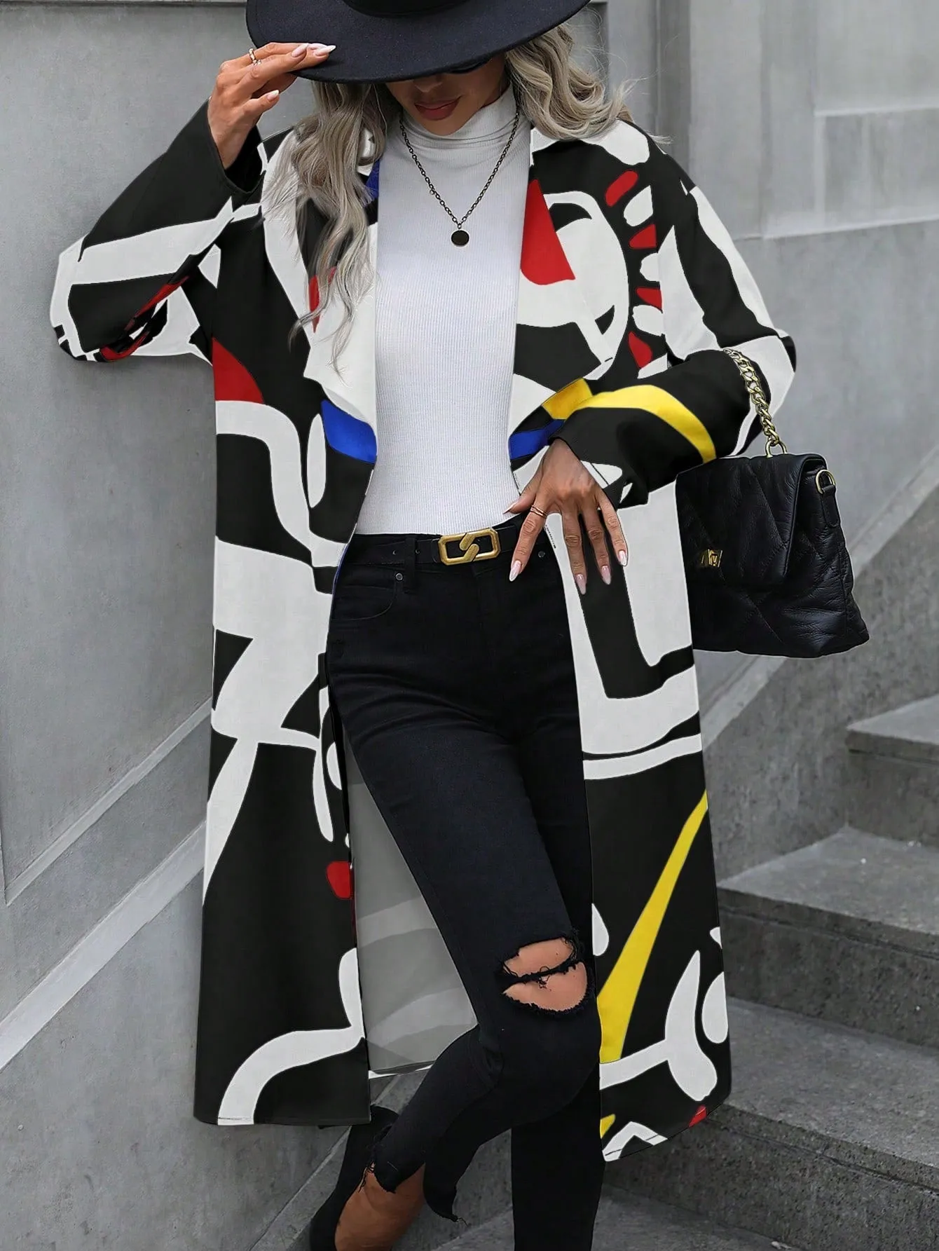 LUNE Geo Print Open Front Coat