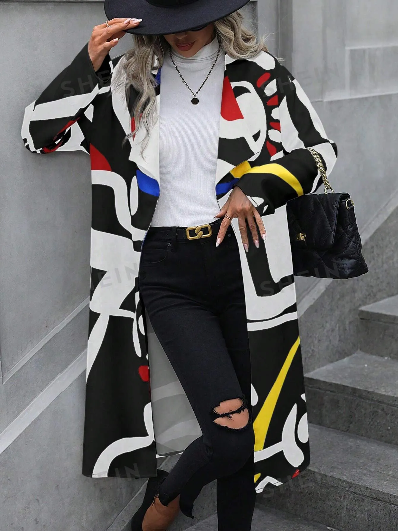 LUNE Geo Print Open Front Coat