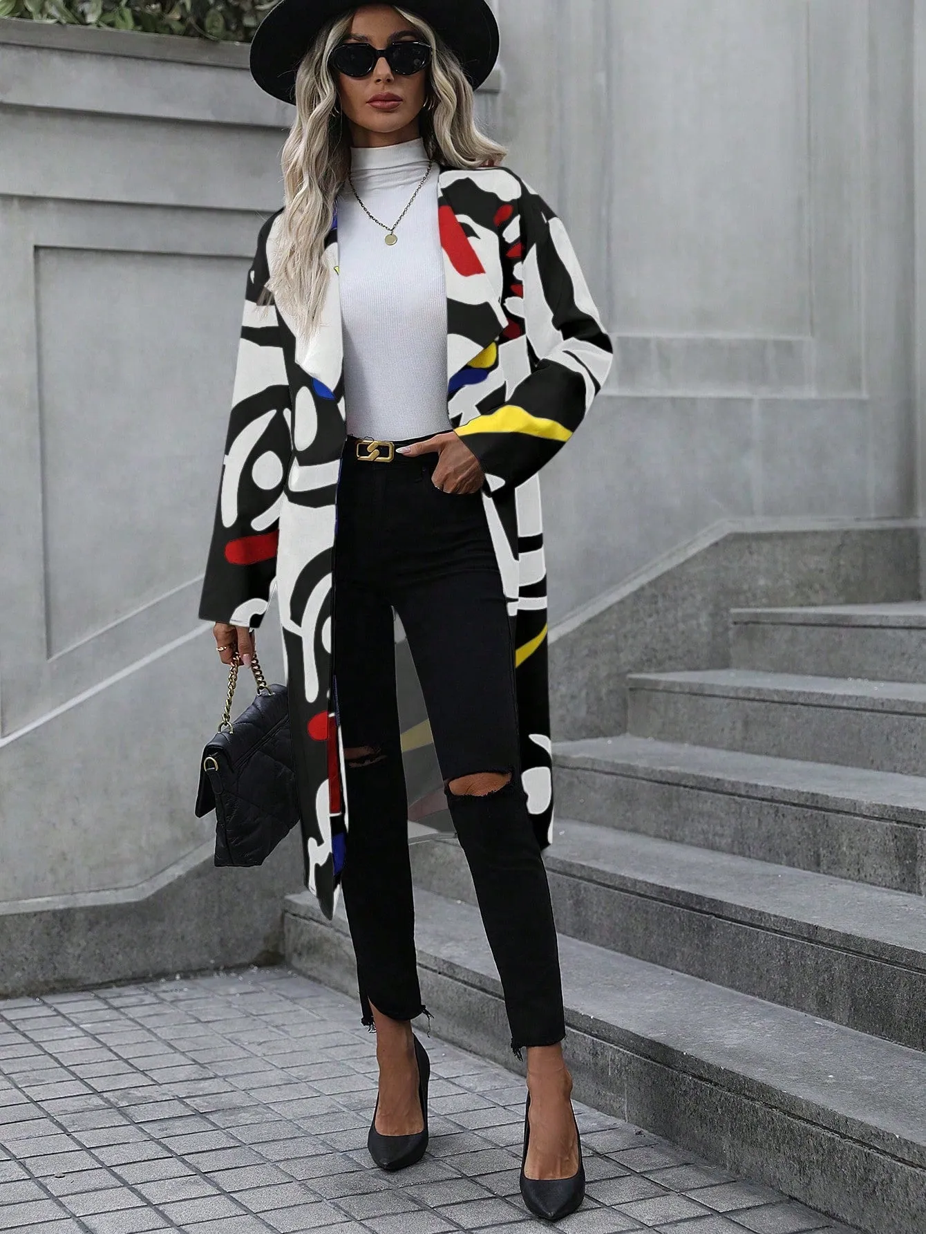 LUNE Geo Print Open Front Coat