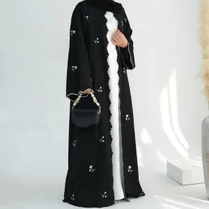Luxury Flower Embroidery Modest Open Abaya