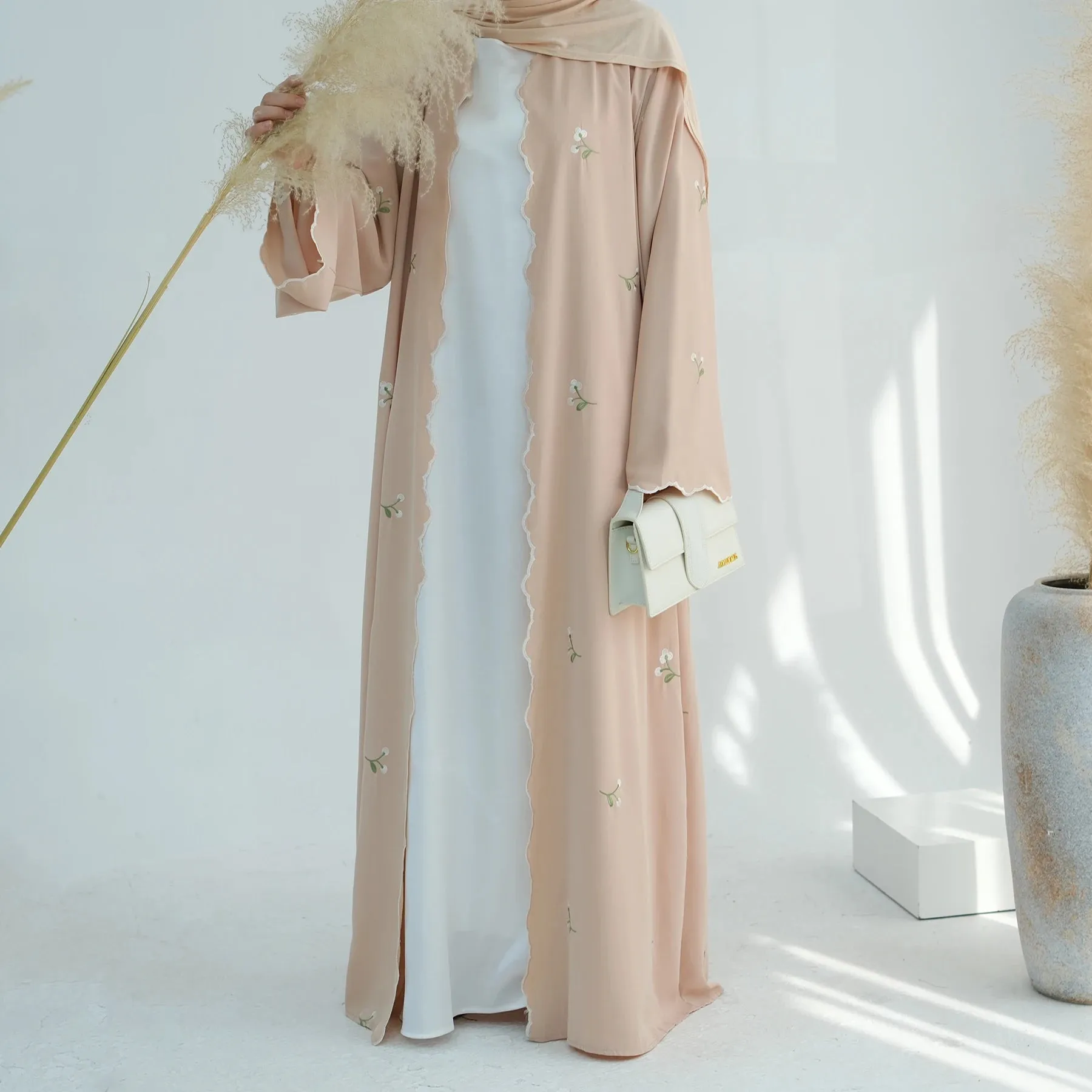 Luxury Flower Embroidery Modest Open Abaya