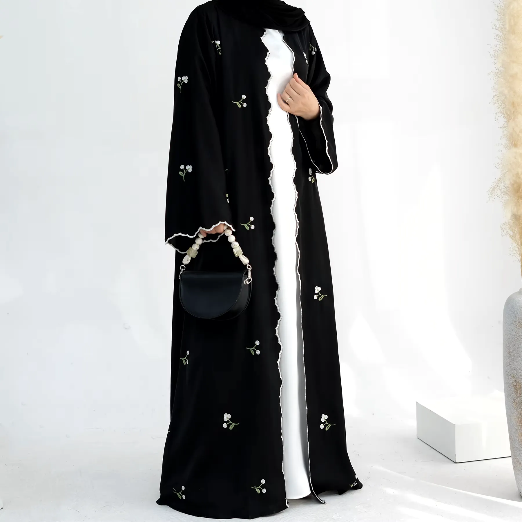 Luxury Flower Embroidery Modest Open Abaya