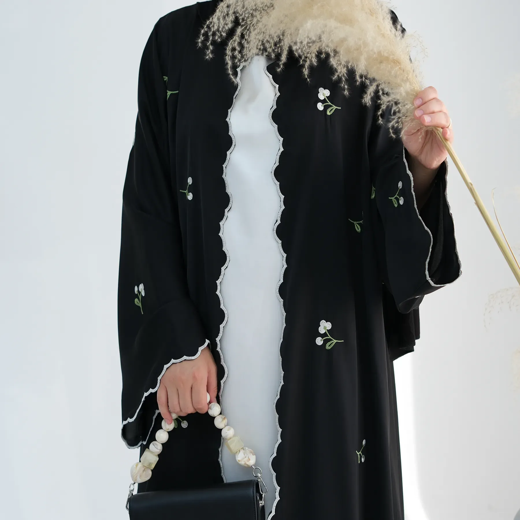 Luxury Flower Embroidery Modest Open Abaya