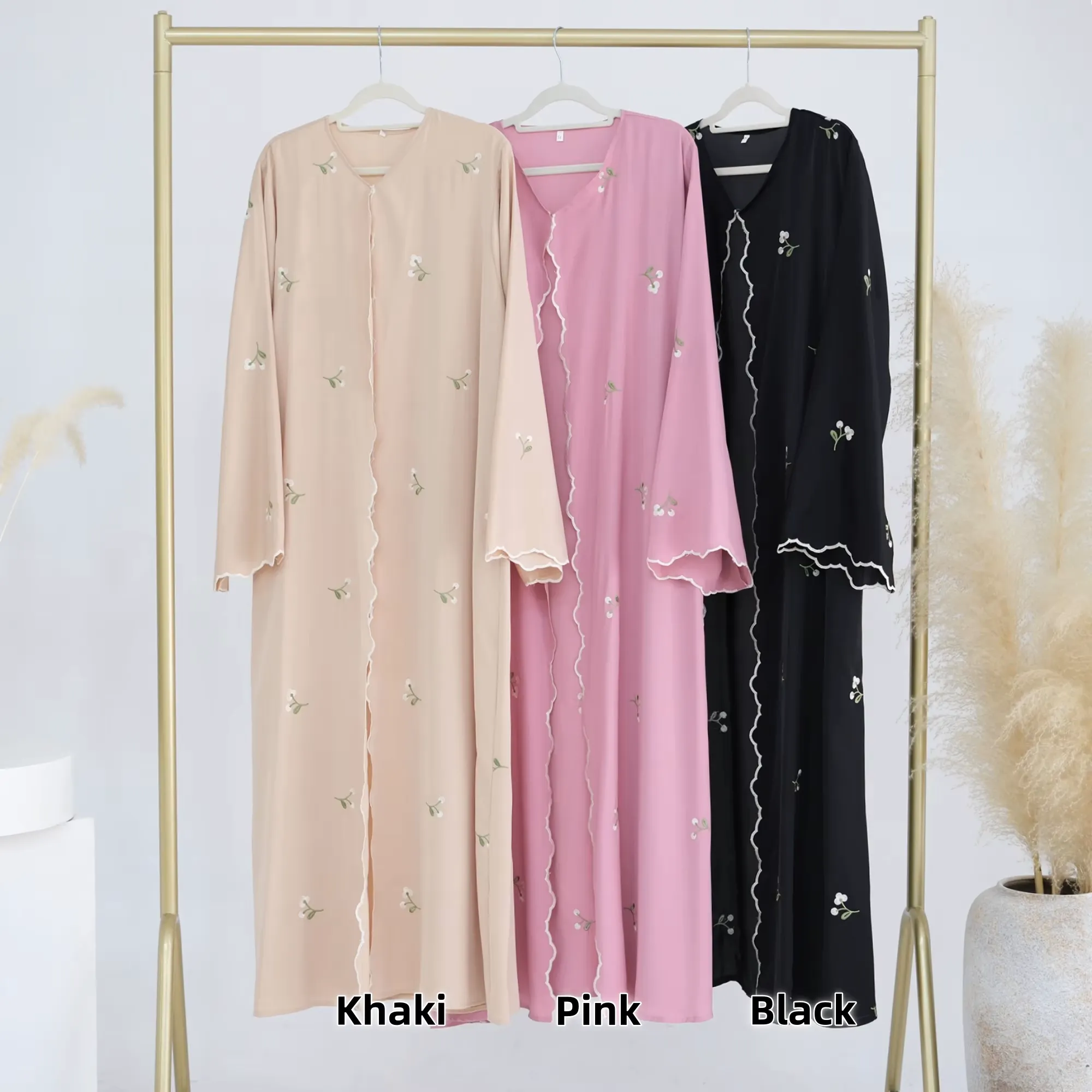 Luxury Flower Embroidery Modest Open Abaya