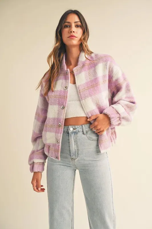 MABLE Plaid Print Fuzzy Bomber Jacket