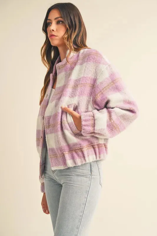 MABLE Plaid Print Fuzzy Bomber Jacket