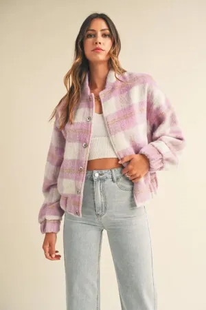MABLE Plaid Print Fuzzy Bomber Jacket