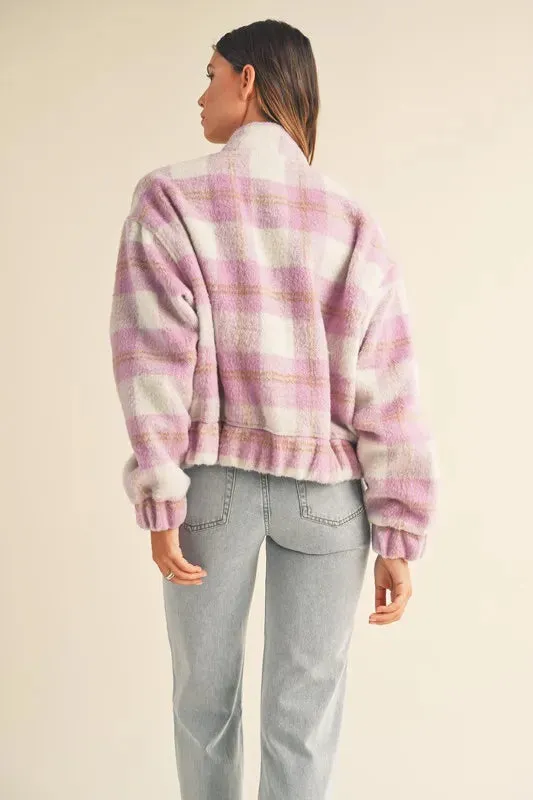 MABLE Plaid Print Fuzzy Bomber Jacket