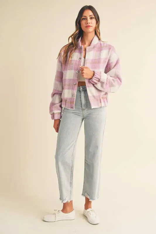 MABLE Plaid Print Fuzzy Bomber Jacket