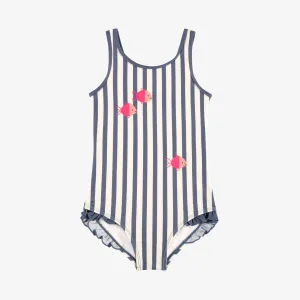Maillot de bain une-pièce blanc et bleu à rayures et poissons, enfant || White and blue striped one-piece swimsuit with fish, child