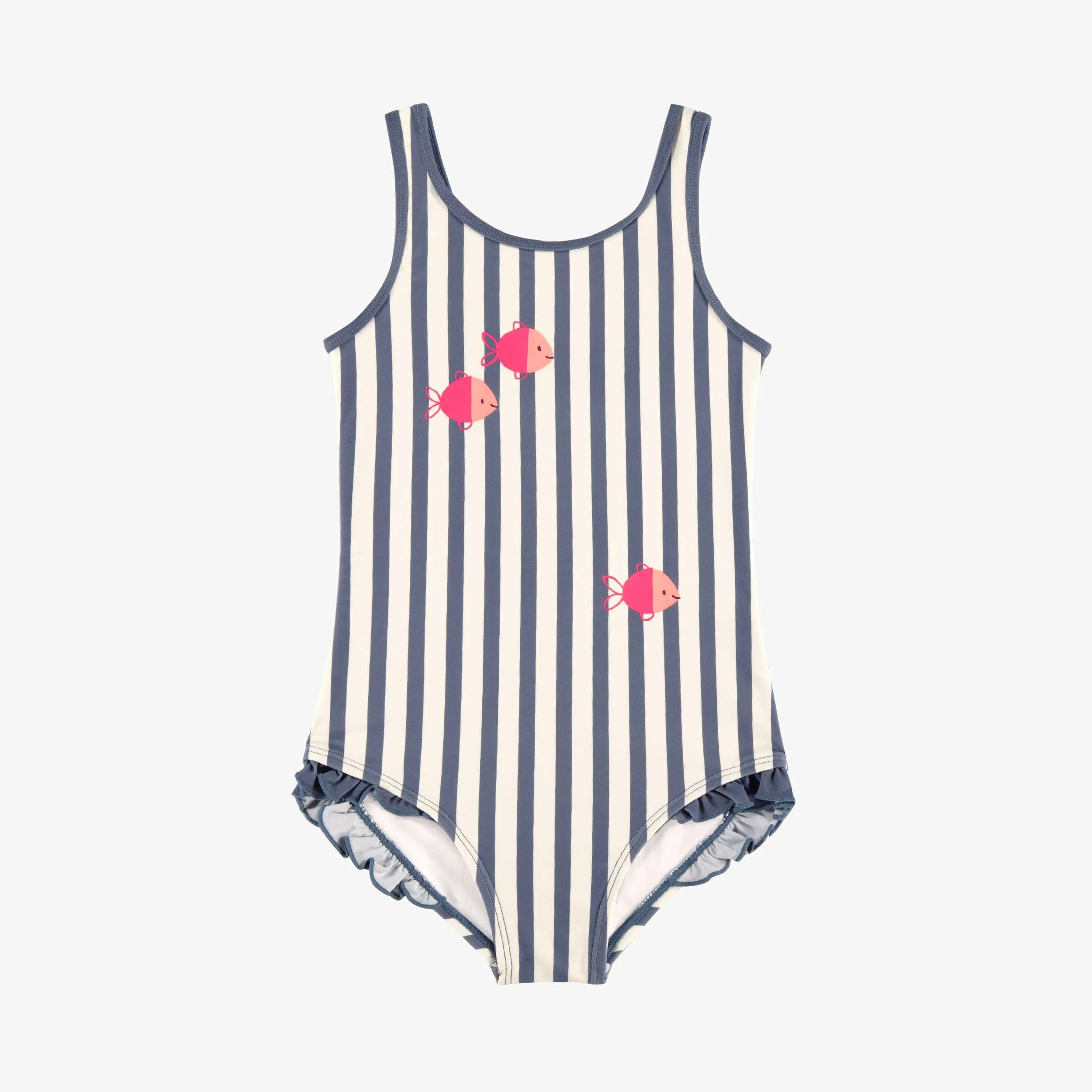Maillot de bain une-pièce blanc et bleu à rayures et poissons, enfant || White and blue striped one-piece swimsuit with fish, child