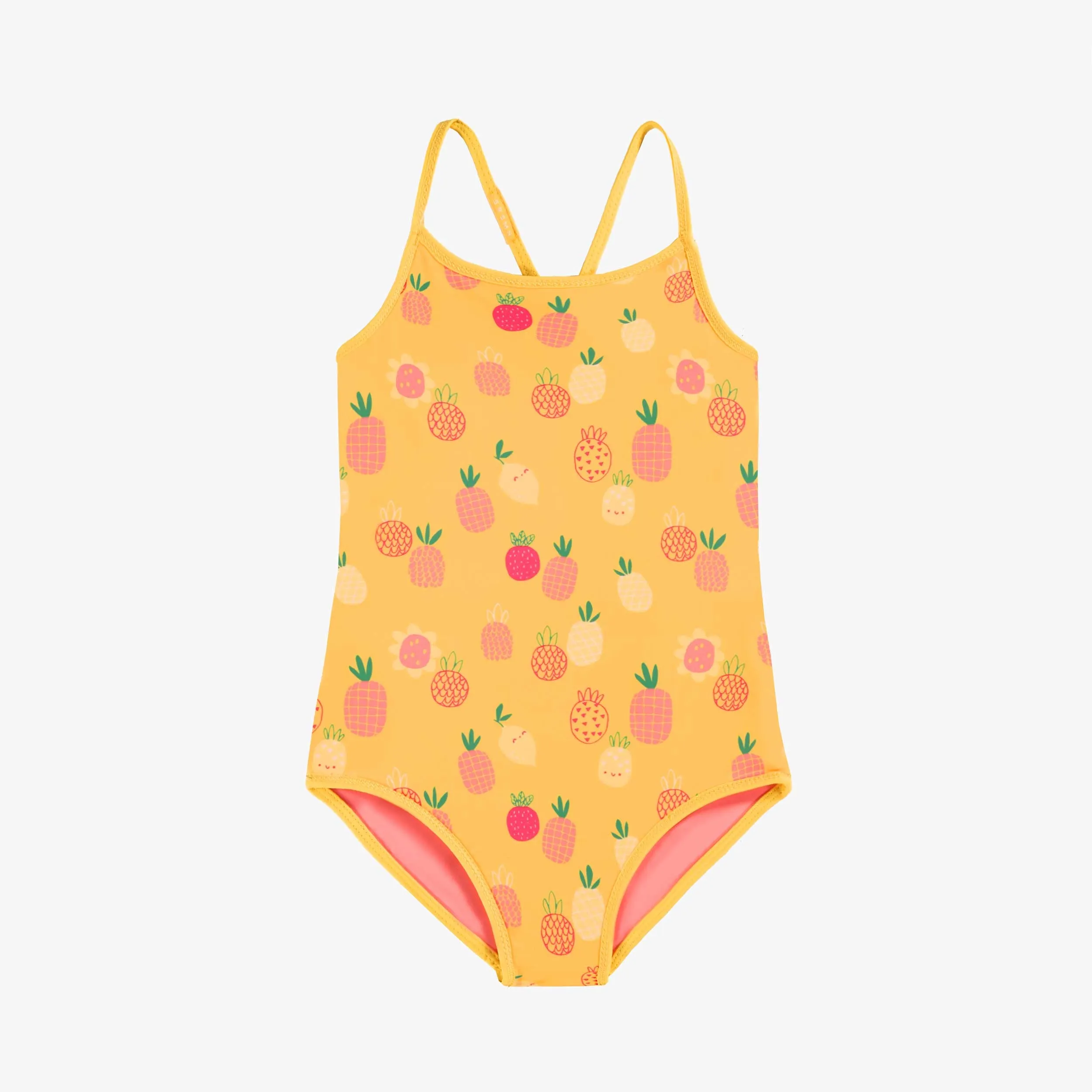Maillot de bain une-pièce rose réversible jaune à motifs de fruits, enfant || Pink one-piece swimsuit, reversible yellow with fruit all over print, child