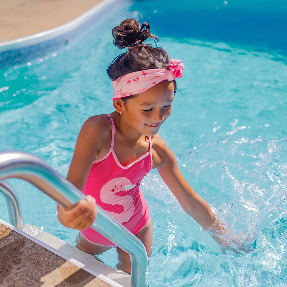 Maillot de bain une pièce rose réversible à rayures, enfant || Pink one piece swimsuit reversible with stripes, child