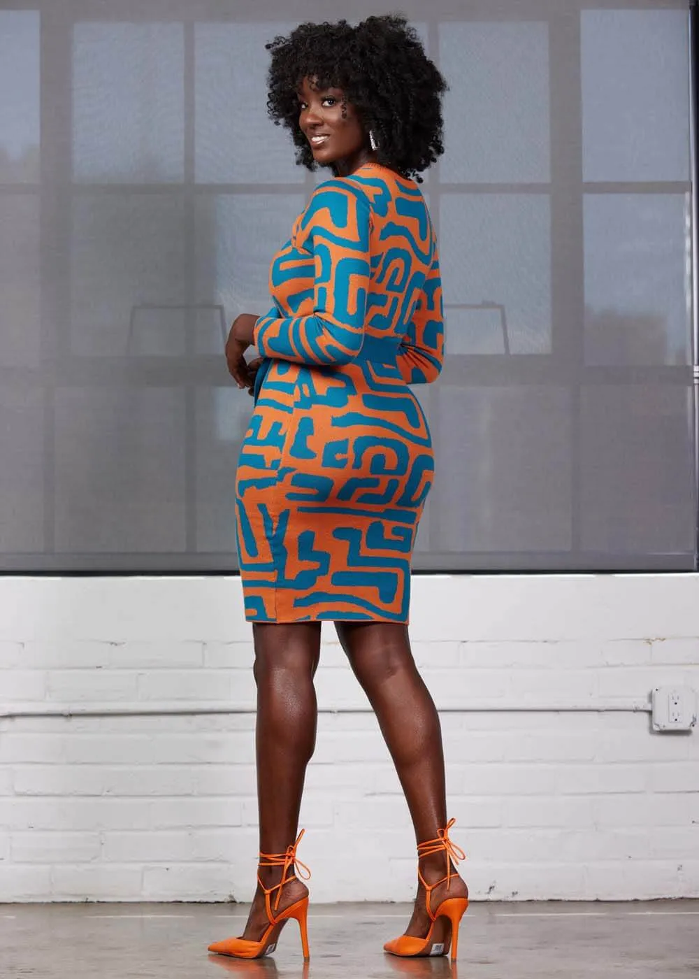 Marah Women's African Print Sweater Dress (Orange Blue Geometric)