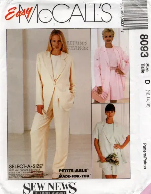 McCall's 8093 Womens Casual Jacket Top Shorts & Pants 1990s Vintage Sewing Pattern Size 12 - 16 or 20 - 24 UNCUT Factory Folded
