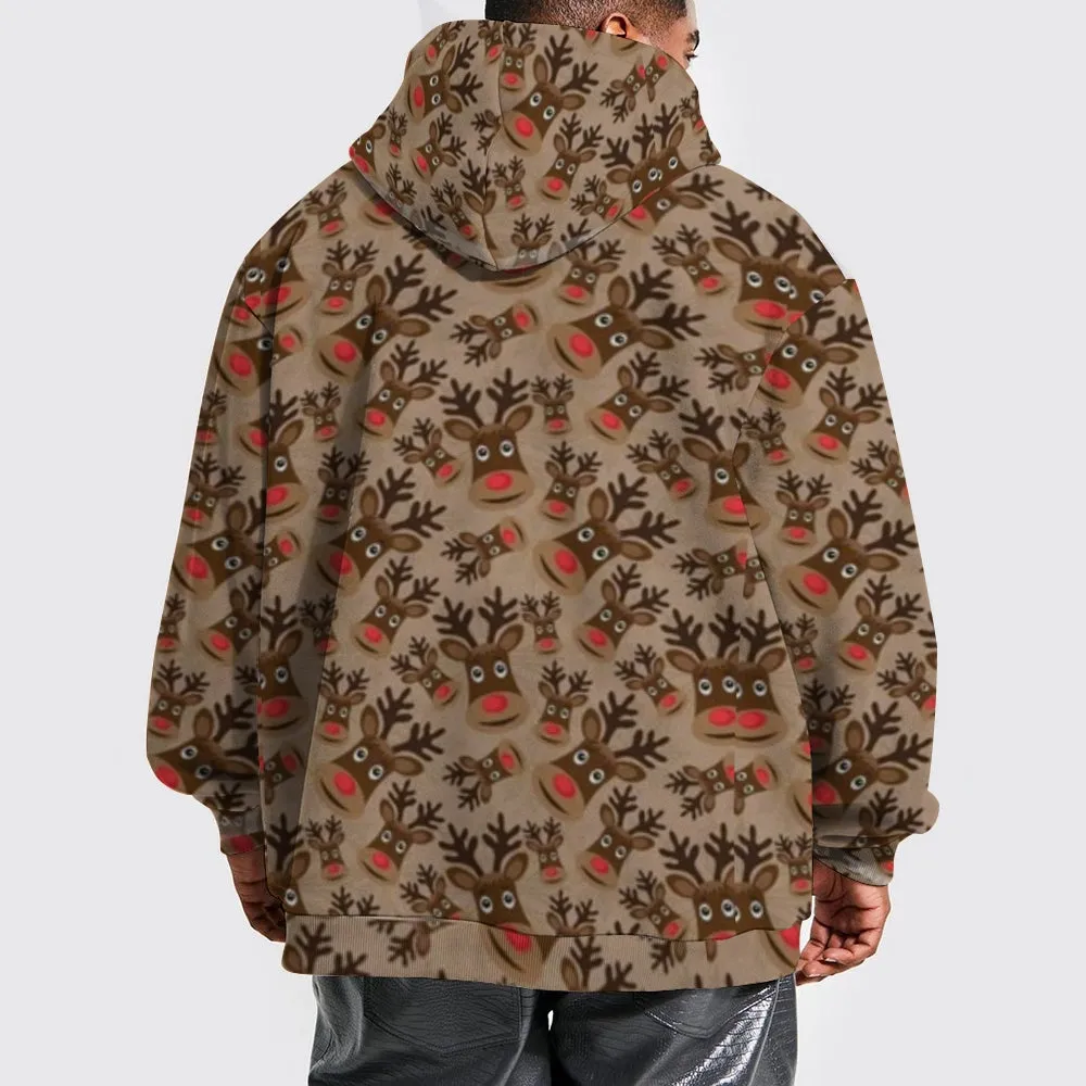 Mens Christmas Reindeer Graphic Pullover With Kangaroo Pocket Hoodies