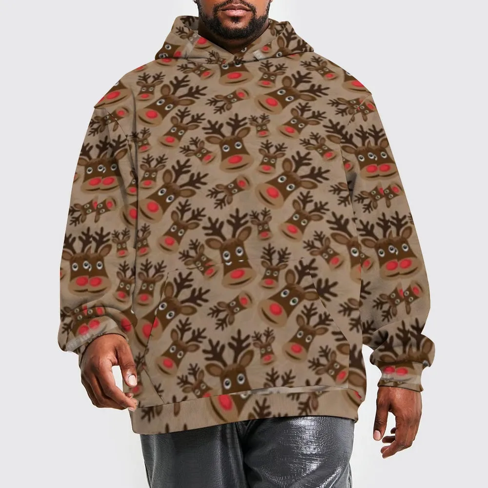 Mens Christmas Reindeer Graphic Pullover With Kangaroo Pocket Hoodies