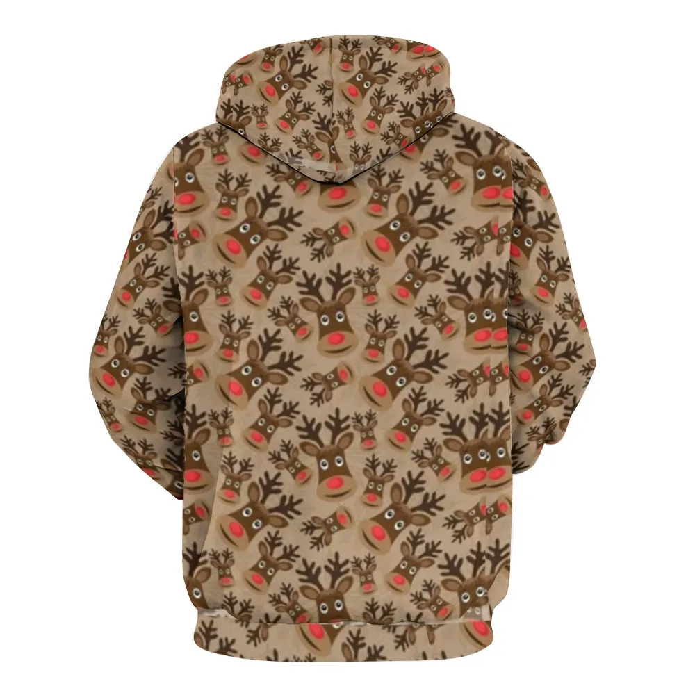 Mens Christmas Reindeer Graphic Pullover With Kangaroo Pocket Hoodies