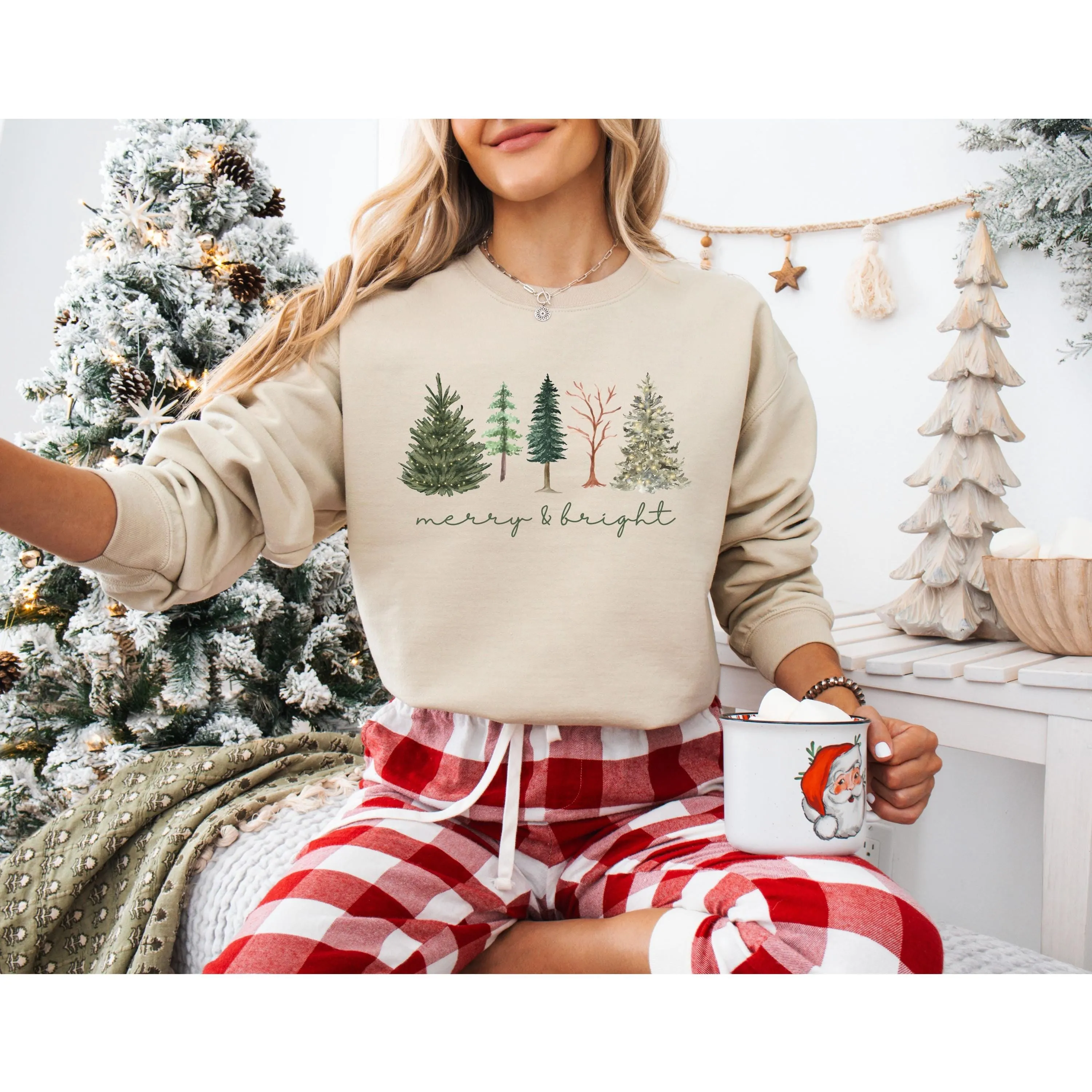 Merry and Bright Womens Christmas Sweater - Christmas Tree Sweatshirt for Christmas Party
