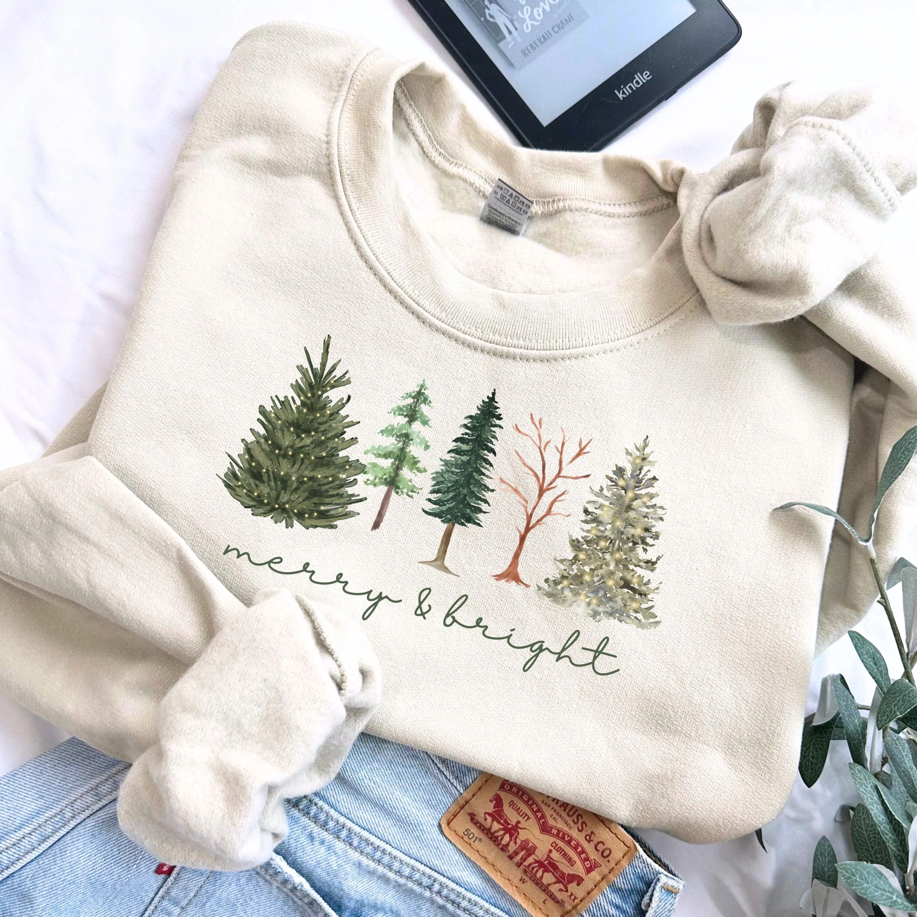 Merry and Bright Womens Christmas Sweater - Christmas Tree Sweatshirt for Christmas Party