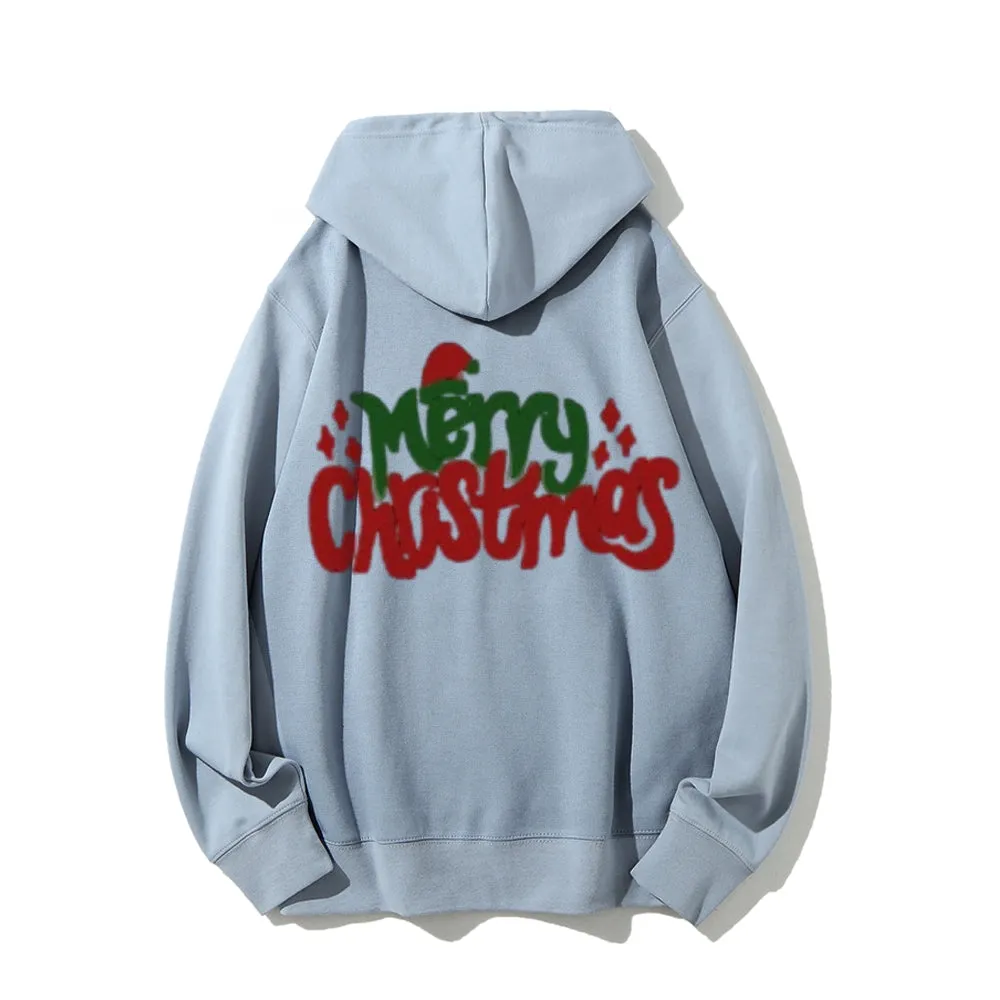 Merry Christmas Graphic Pullover With Kangaroo Pocket Hoodies