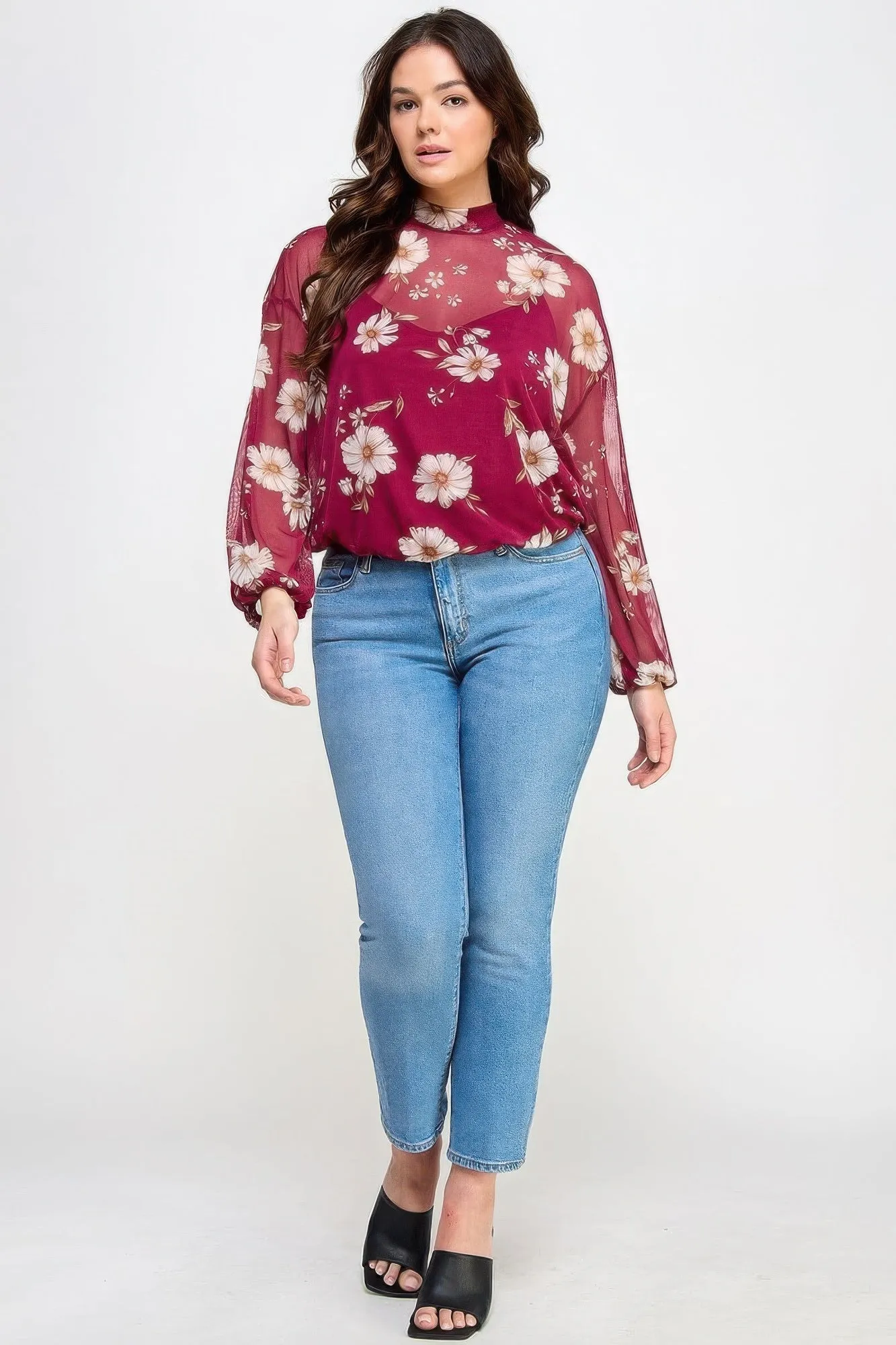 Mesh Floral Ls Top W/cami