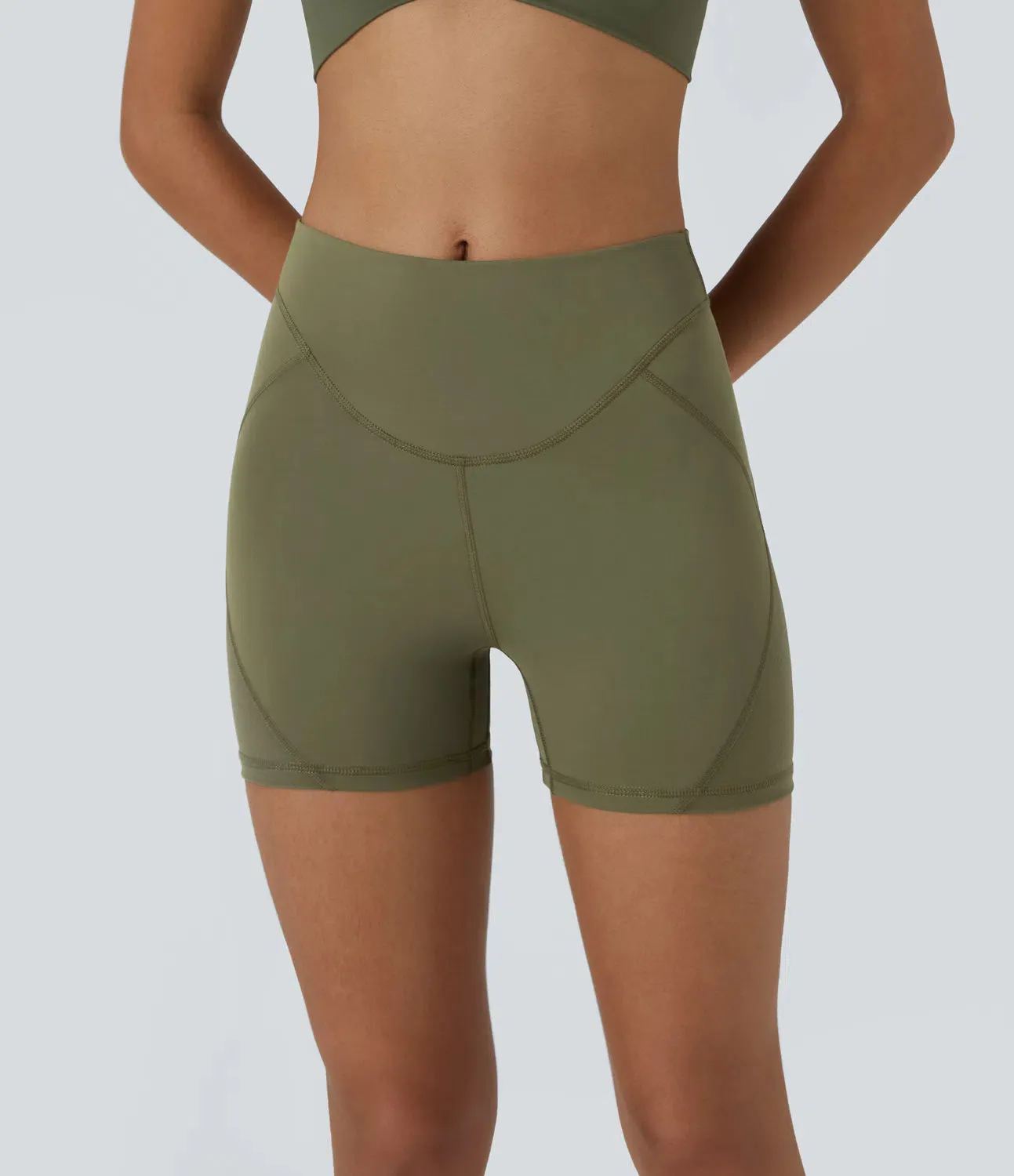 Mid-Rise Quick-Dry Workout Biker Shorts – Top-Stitching Detail (4”)
