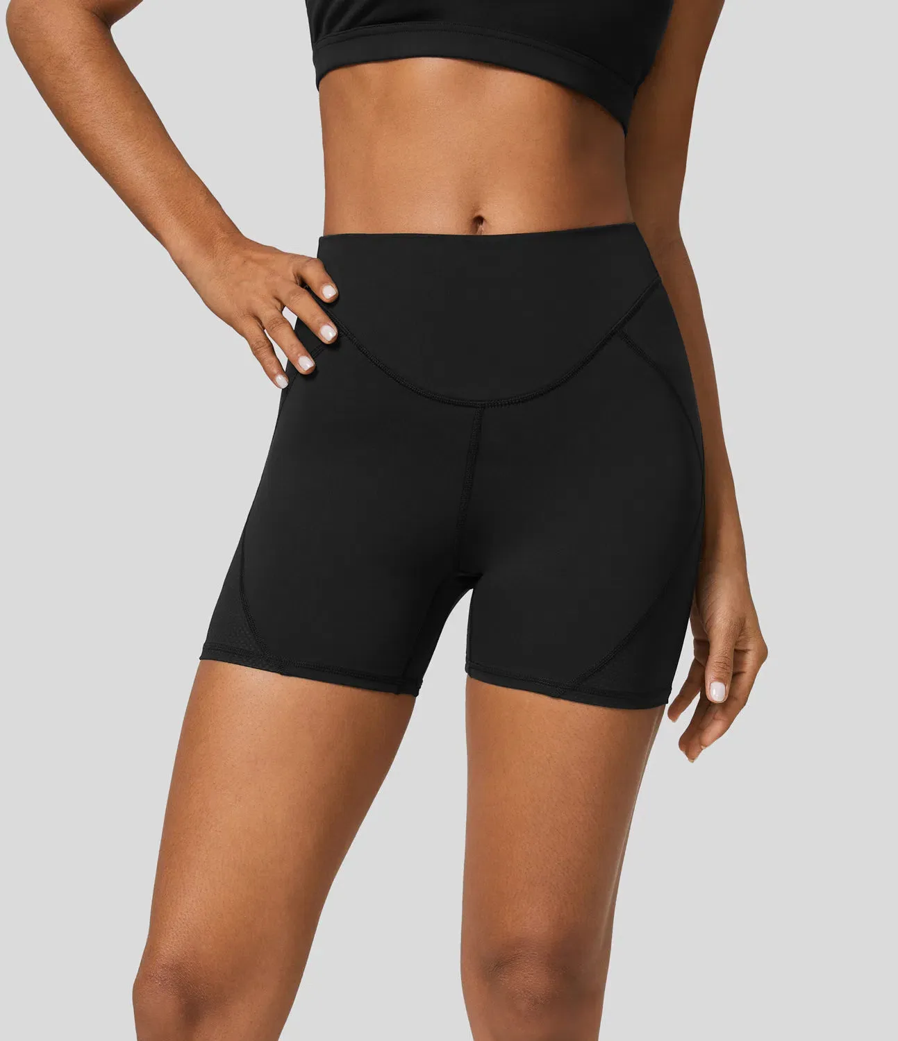 Mid-Rise Quick-Dry Workout Biker Shorts – Top-Stitching Detail (4”)