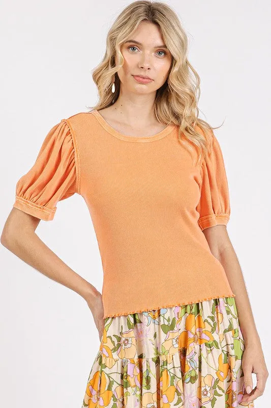 Mineral Wash Puff Sleeve Rib Knit Top