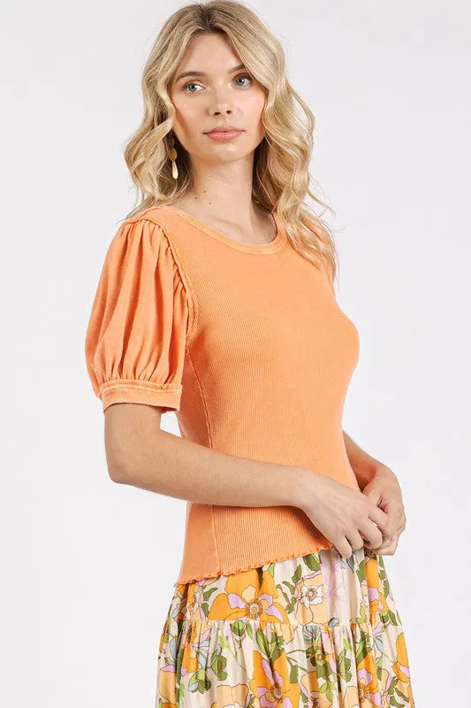 Mineral Wash Puff Sleeve Rib Knit Top